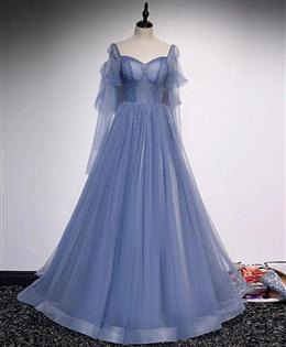 Picture of Pretty Blue Tulle Beaded Long Formal Dresses Party Dress, A-line Wedding Party Dress